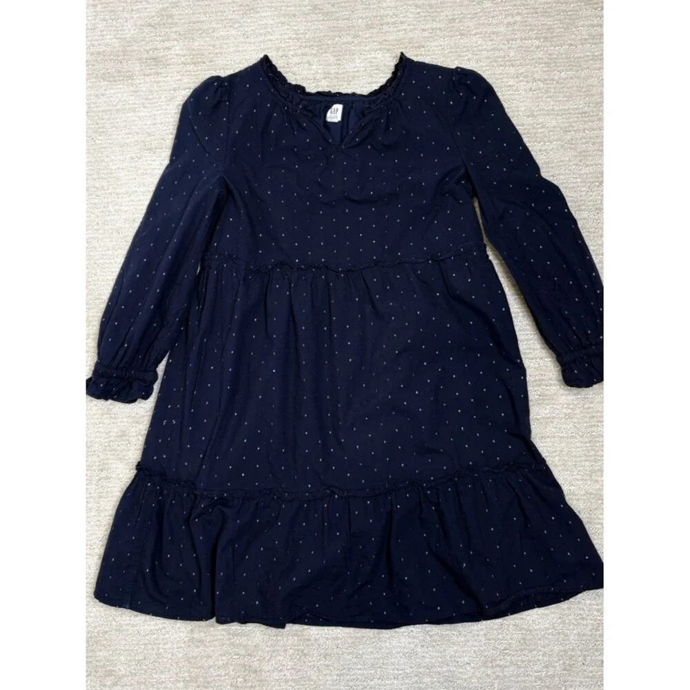 GAP Kids Girls Long Sleeve Tiered Ruffle Dress Size XL 12-13 Navy Metallic Dot